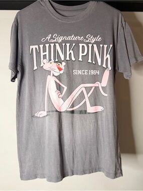 Pink Panther Graphic Tee Women XS Gray Good Think Pink Retro Short Sleeve Shirt